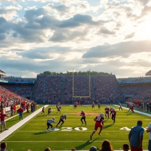 A thrilling high school football game with enthusiastic fans and players on the field.
