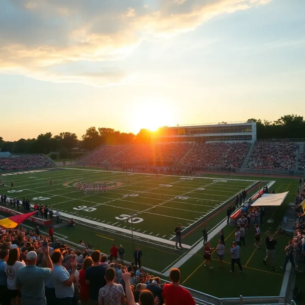 Exciting high school football game with cheering fans.