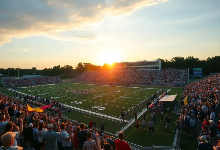 Exciting high school football game with cheering fans.