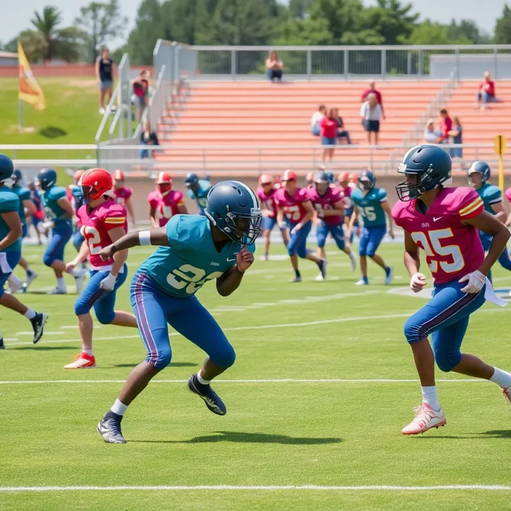 High school football players practicing on a sunny field