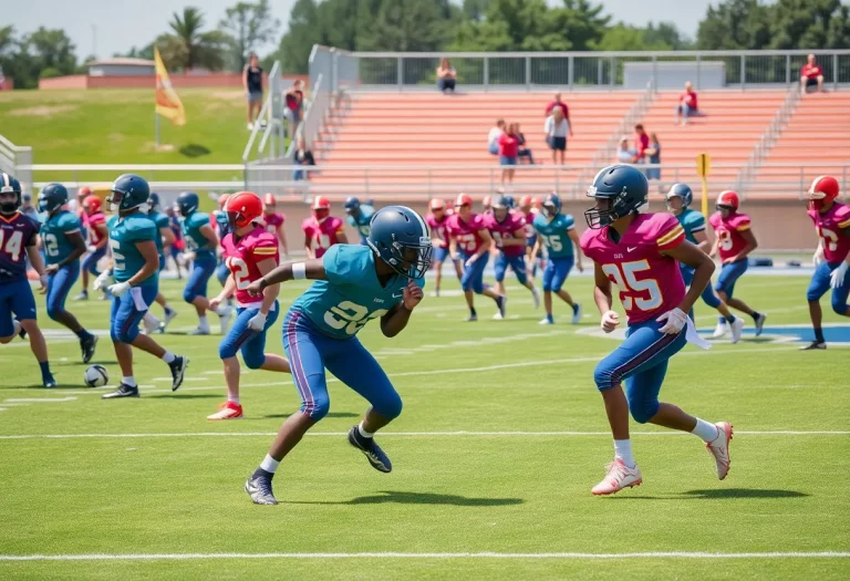 High school football players practicing on a sunny field