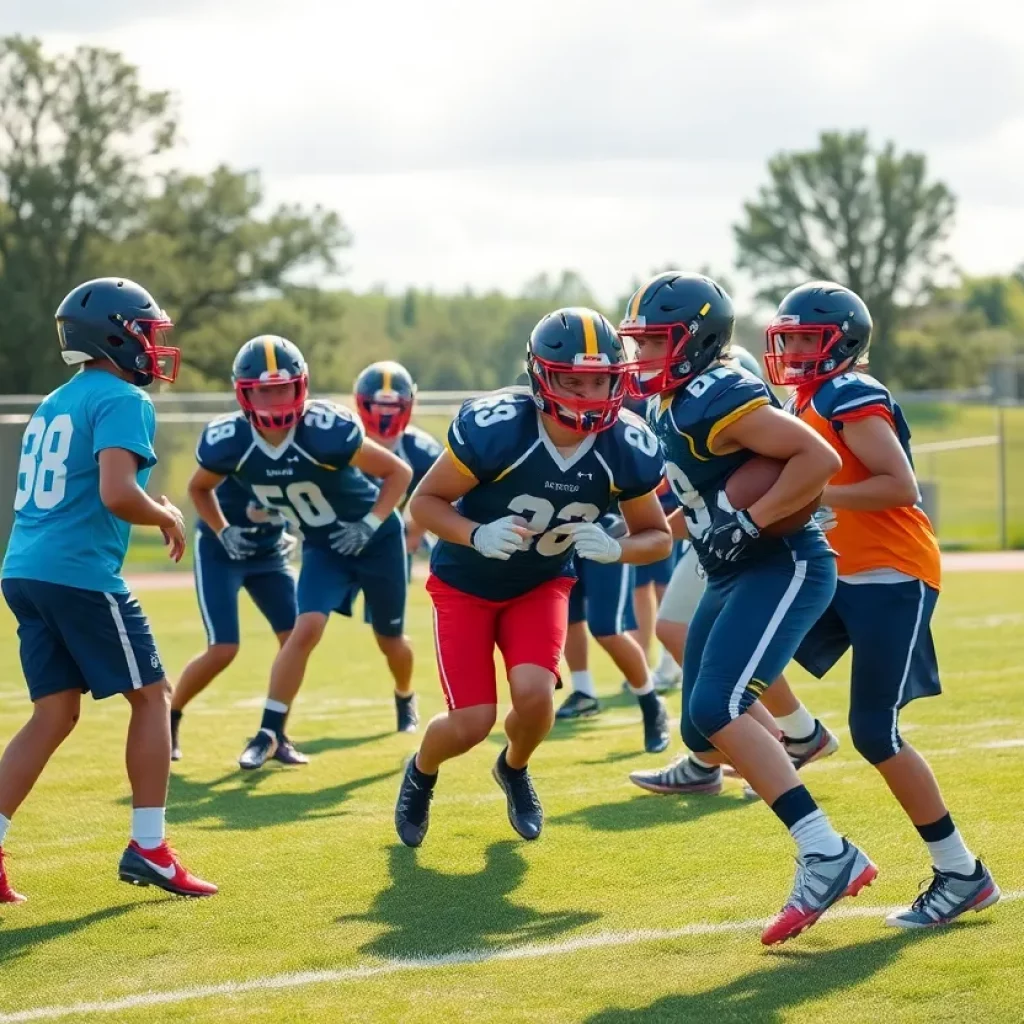 High school football players practicing during two-a-day workouts