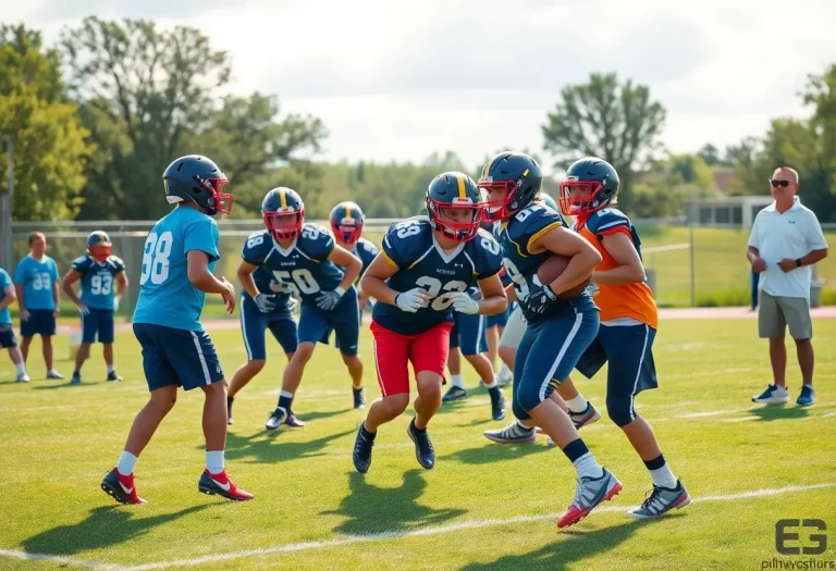 High school football players practicing during two-a-day workouts