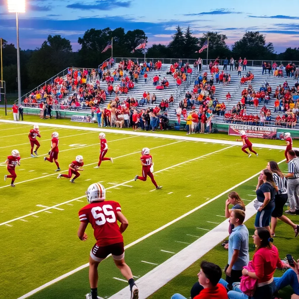 Players battling on the field during a high school football game