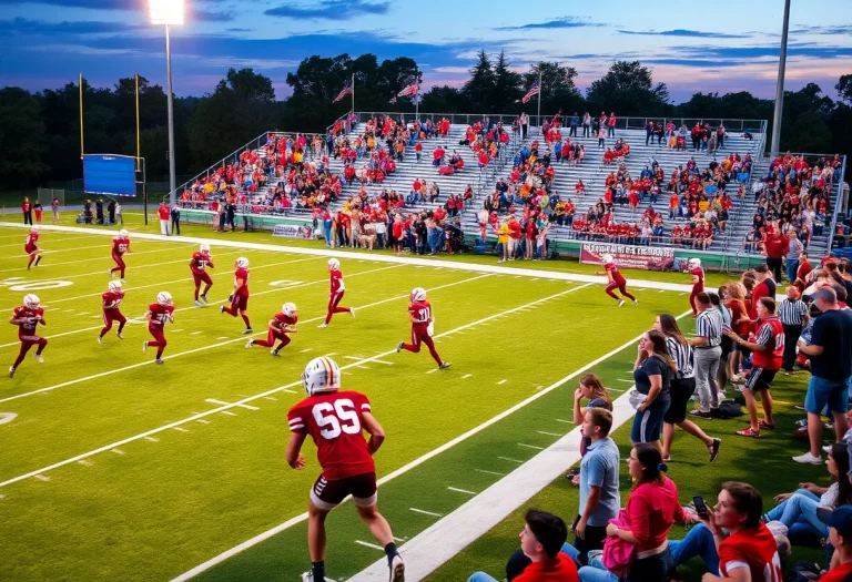 Players battling on the field during a high school football game