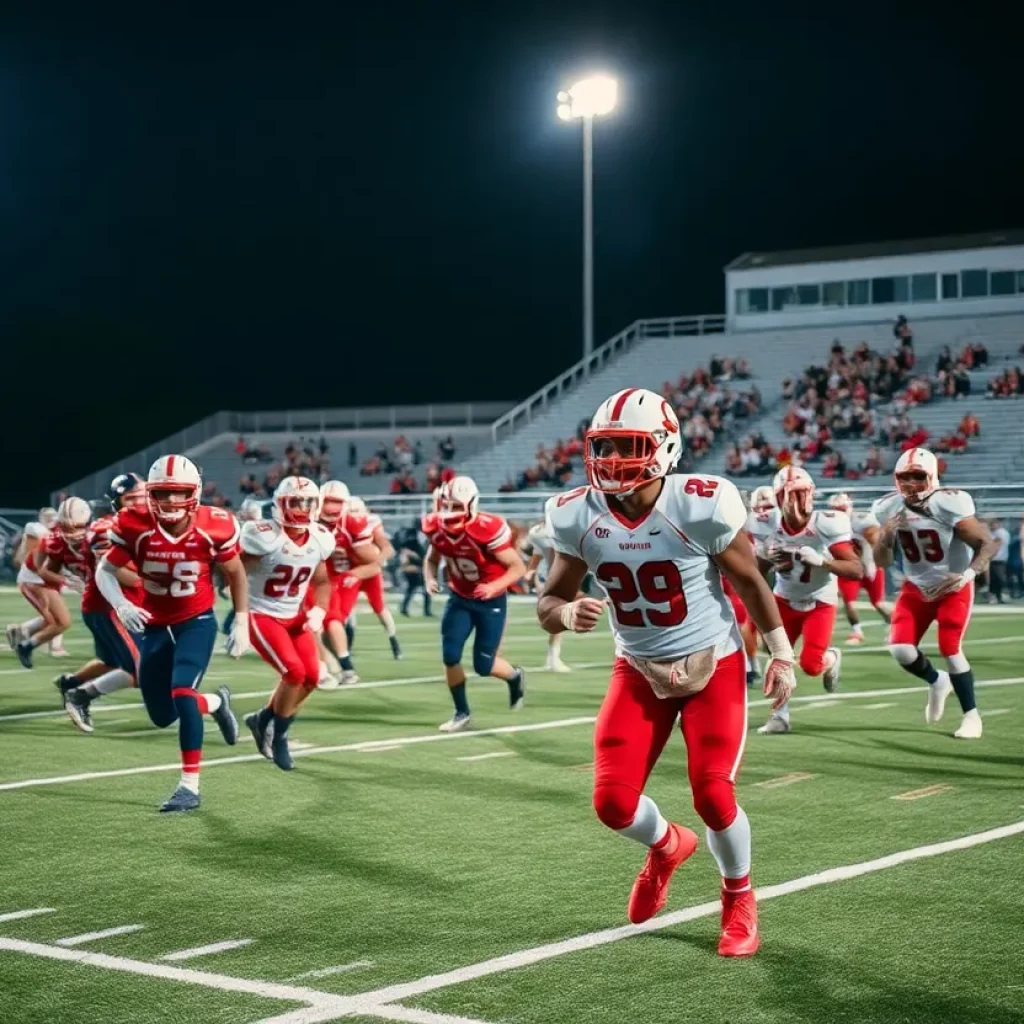 High school football players in a competitive game under stadium lights