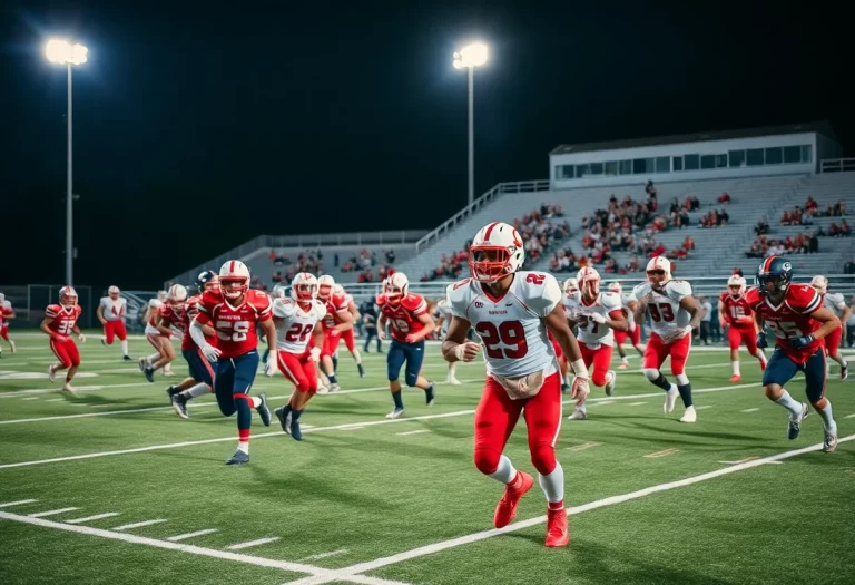 High school football players in a competitive game under stadium lights