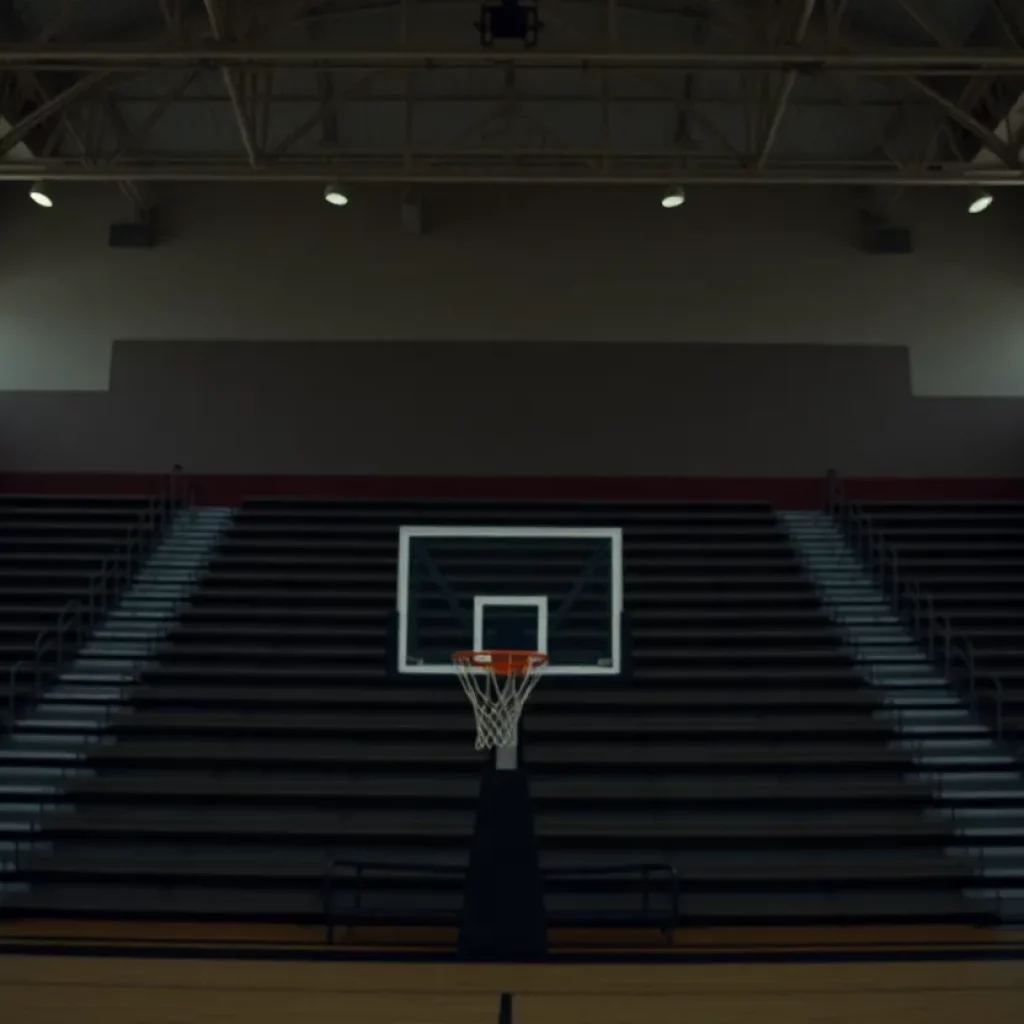 Empty high school gymnasium reflecting community turmoil