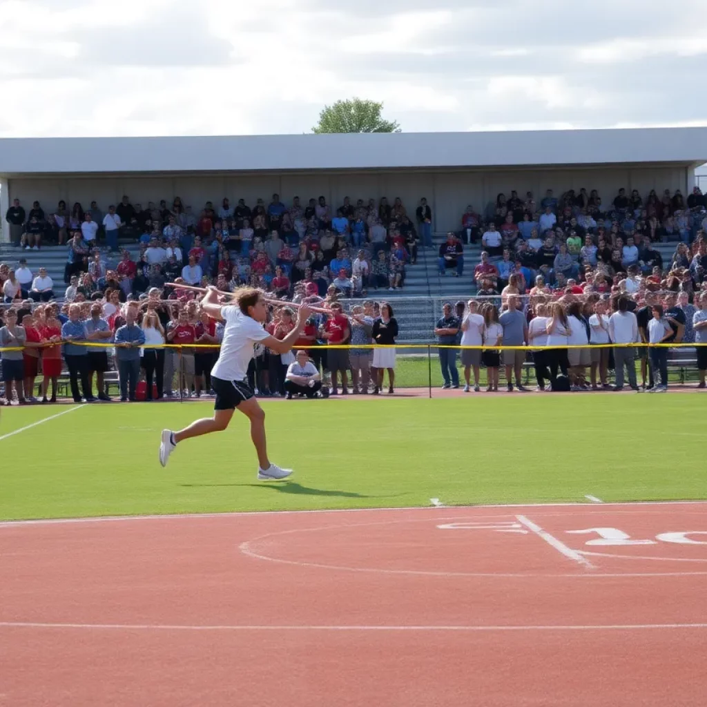 Athletes competing in a high school javelin event