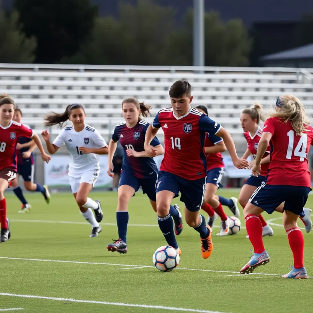 Players competing in a high school soccer match in Las Vegas