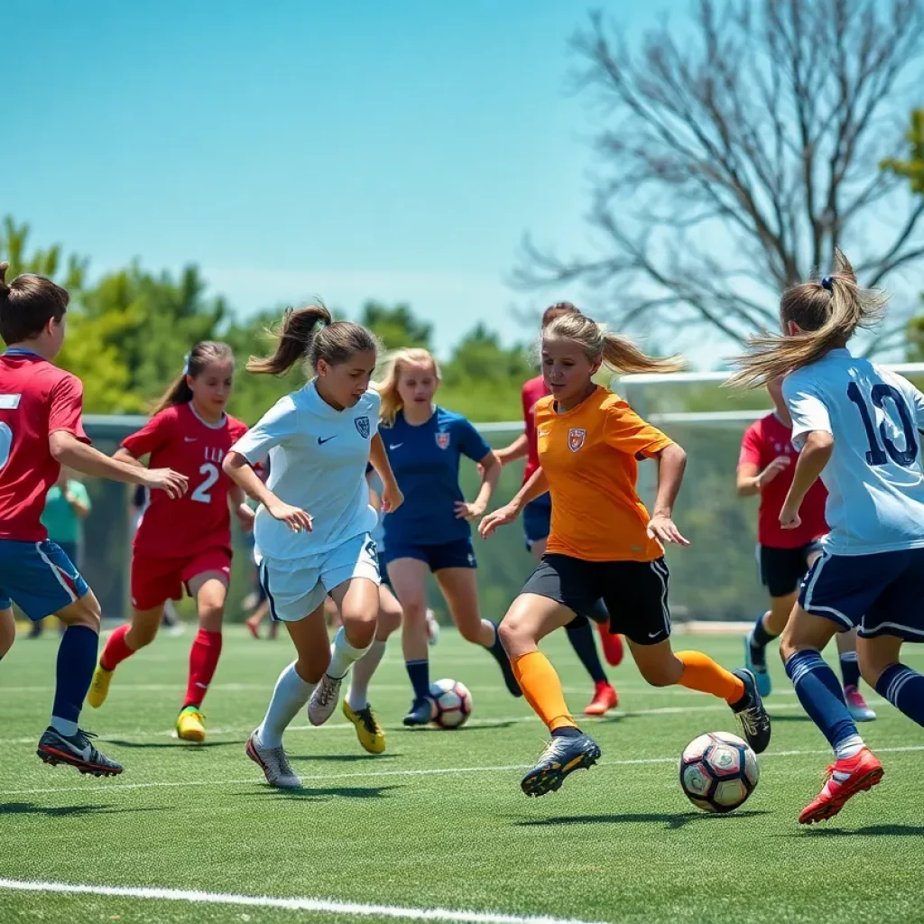 High school soccer players competing on the field