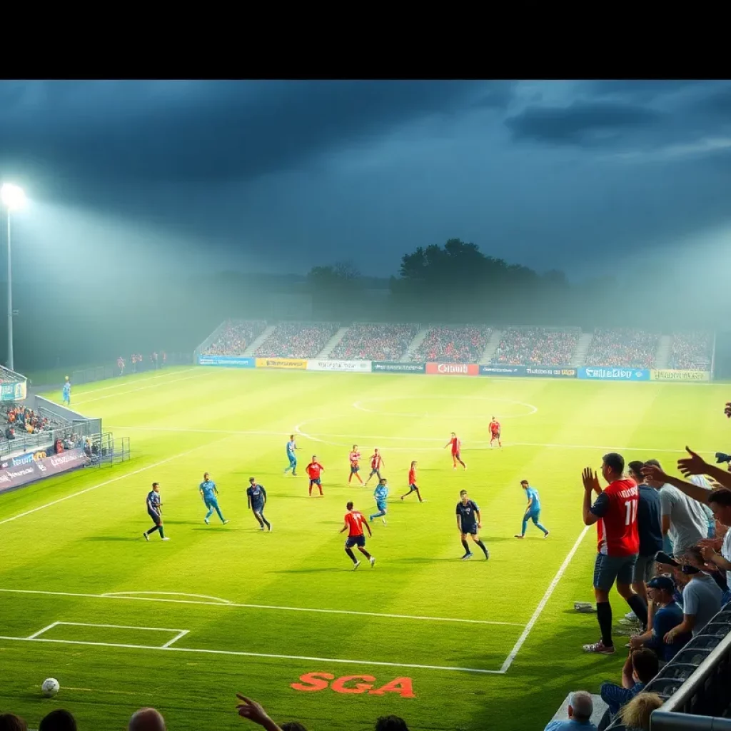 High school soccer match in Evansville with players in action and fans cheering.