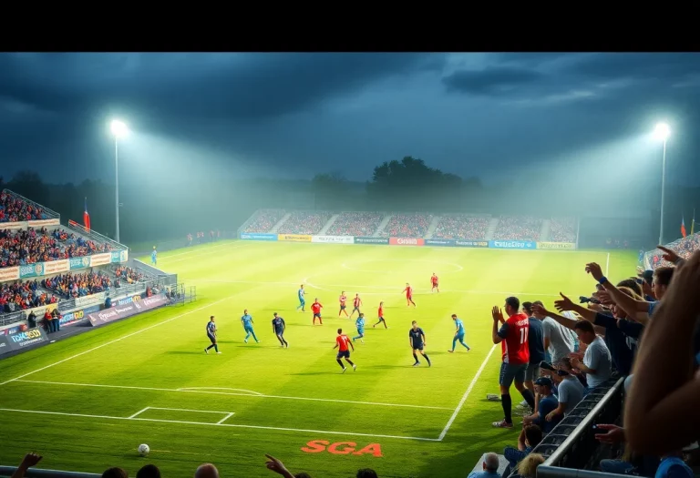 High school soccer match in Evansville with players in action and fans cheering.