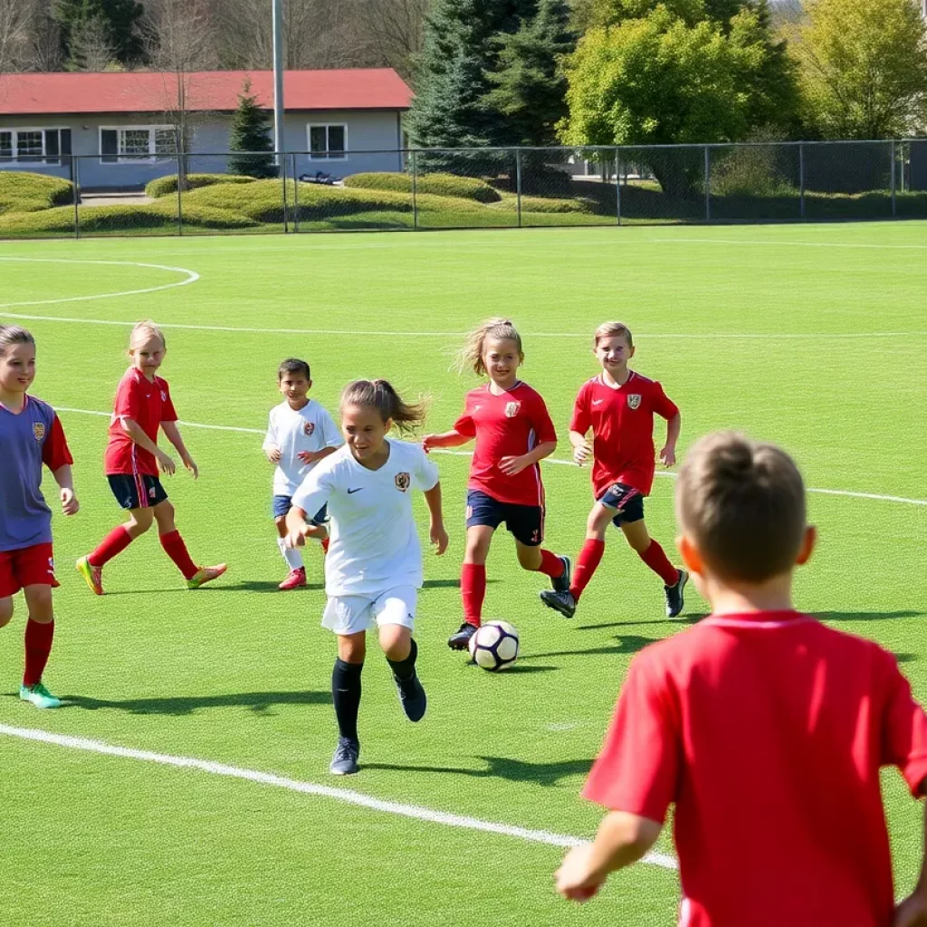 Young athletes playing soccer on a field