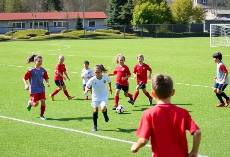 Young athletes playing soccer on a field