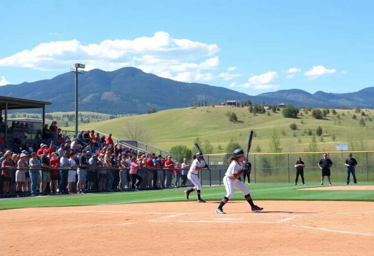 High school softball players pitching, batting, and fielding in a game