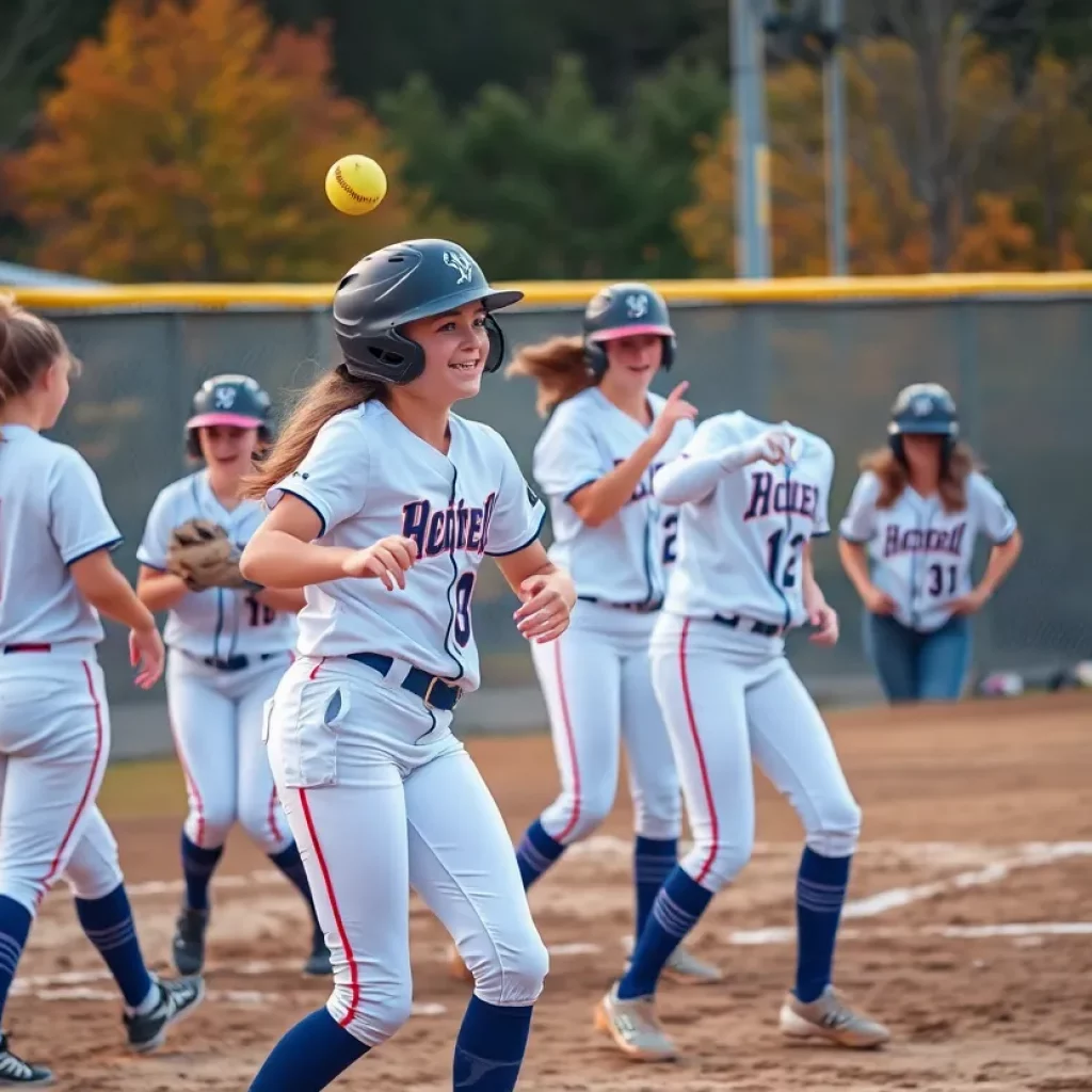 High school softball players playing a fall game