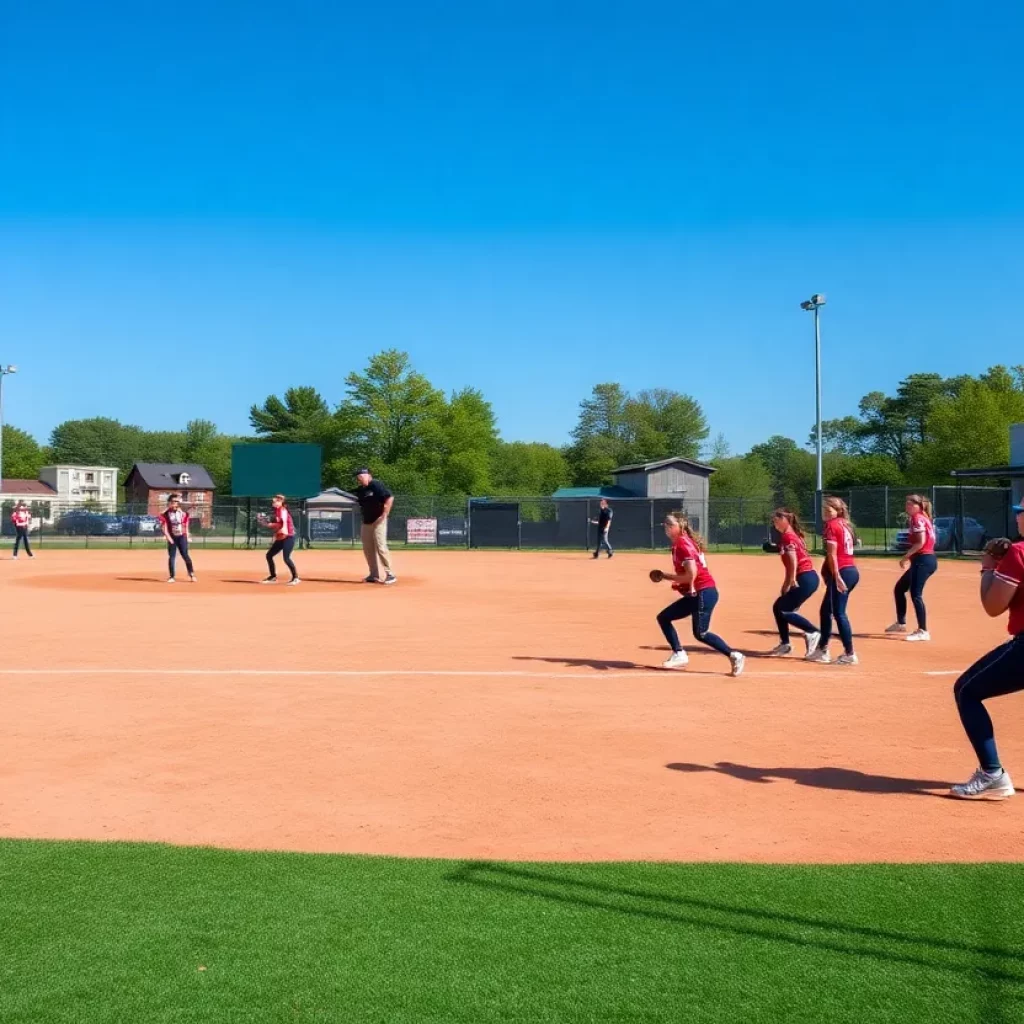 High school softball teams practicing on the field in preparation for the upcoming season.
