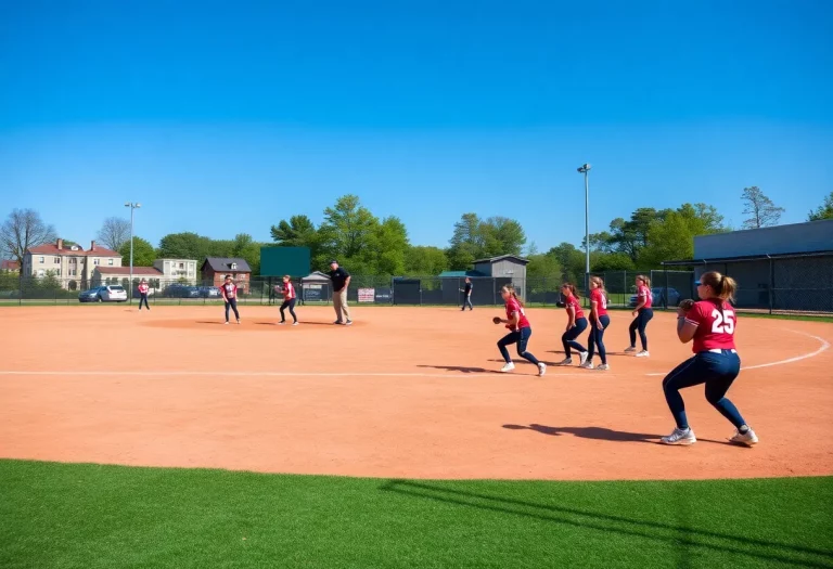 High school softball teams practicing on the field in preparation for the upcoming season.