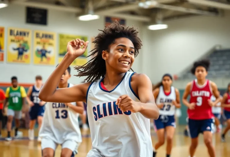Group of diverse high school athletes competing in track and field.