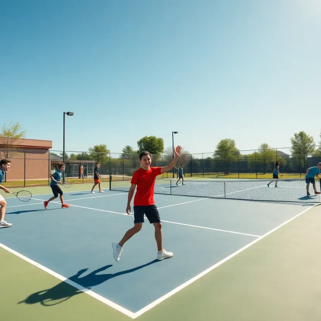 Players practicing on a high school tennis court in Indiana