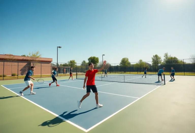 Players practicing on a high school tennis court in Indiana