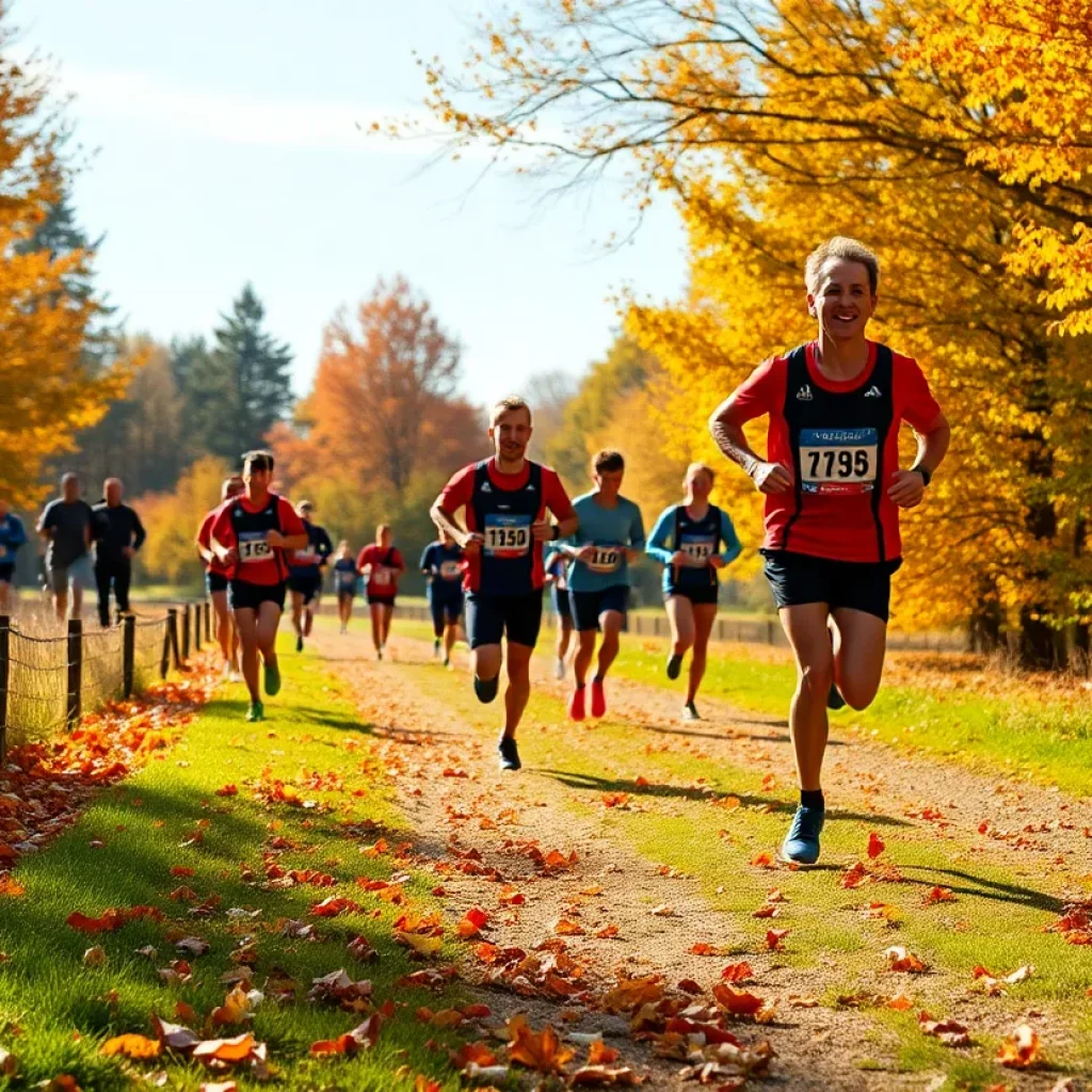 Cross country runners competing in an autumn landscape