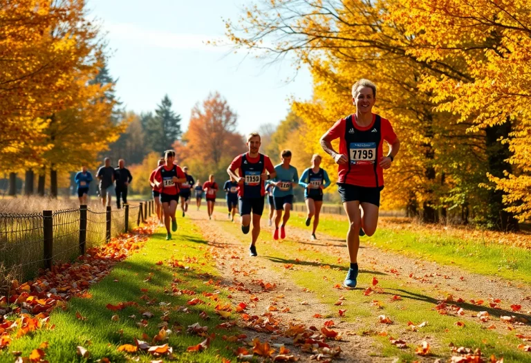 Cross country runners competing in an autumn landscape
