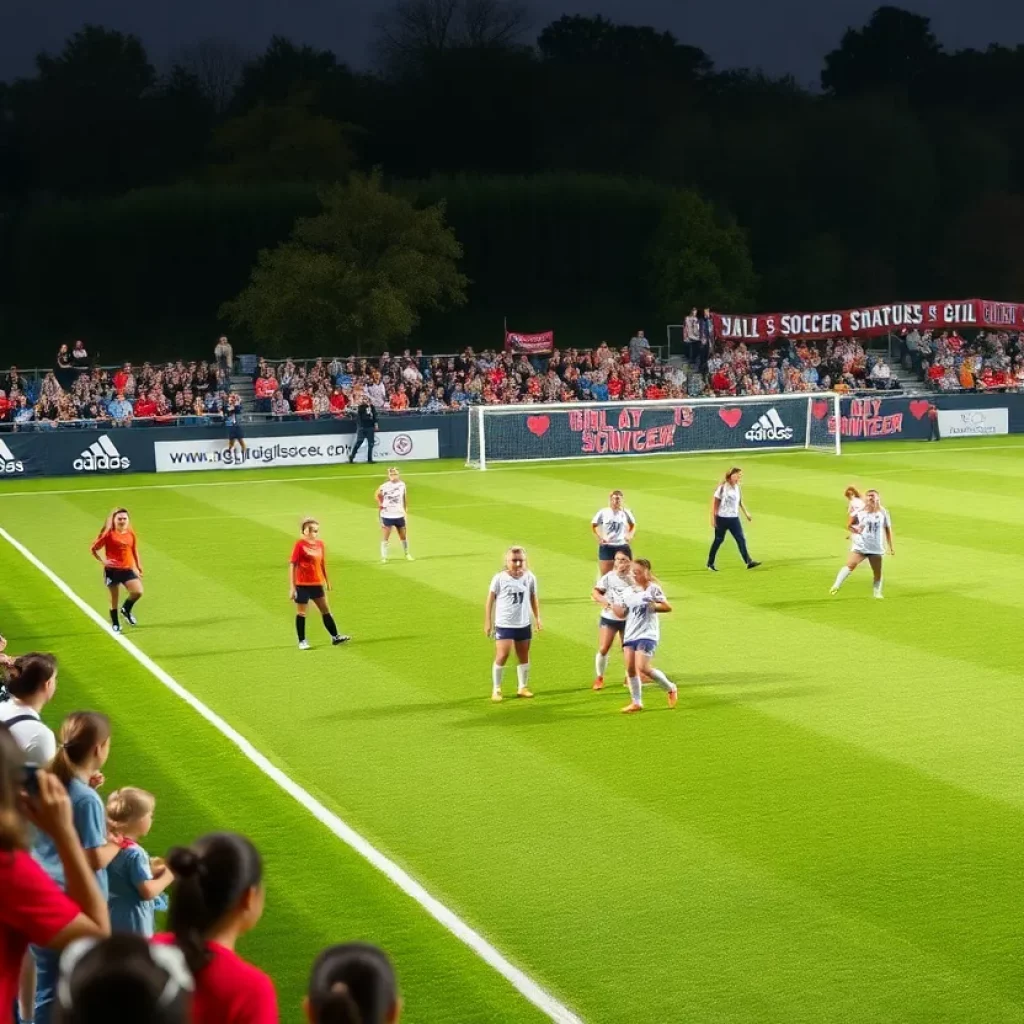 Teams warming up on a soccer field with fans in the background