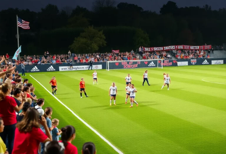 Teams warming up on a soccer field with fans in the background
