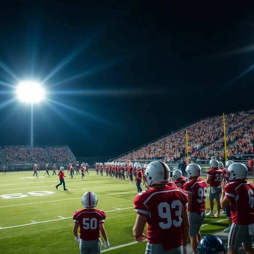 Players on a high school football field during a game