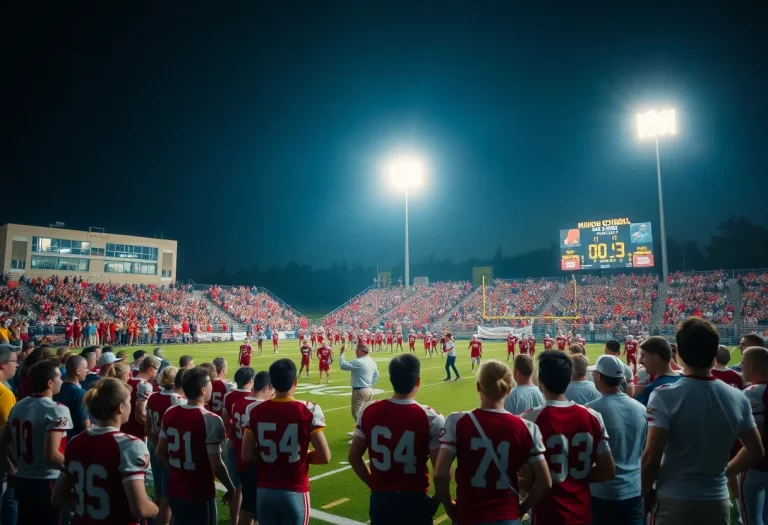 High school football players on the field during a game.