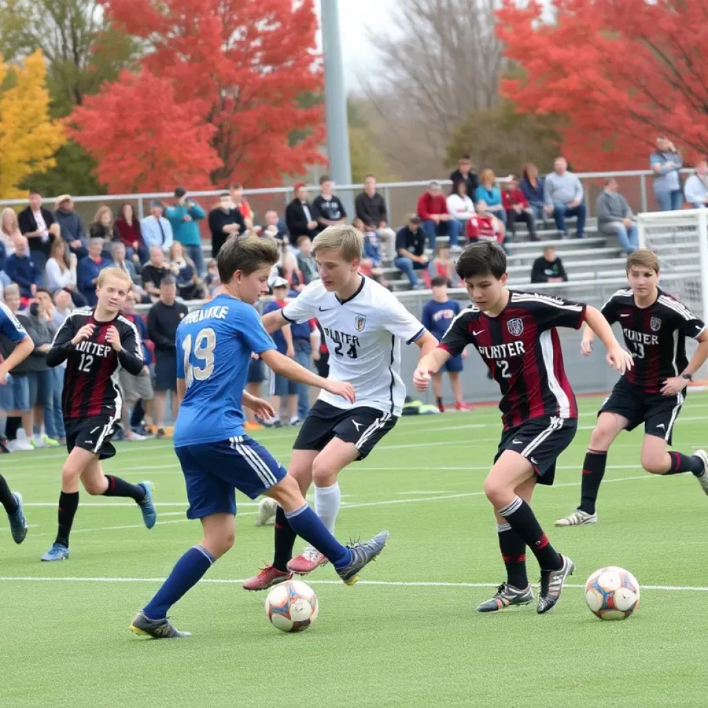 Players in a high school boys soccer match in Indiana