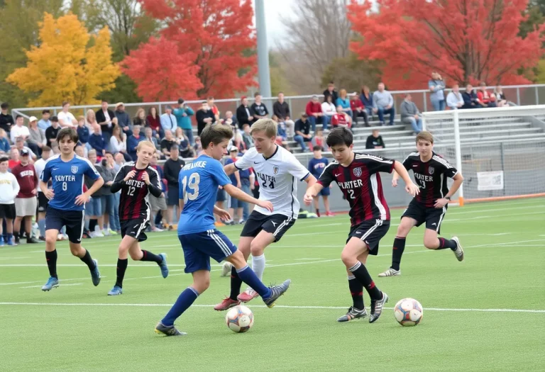 Players in a high school boys soccer match in Indiana