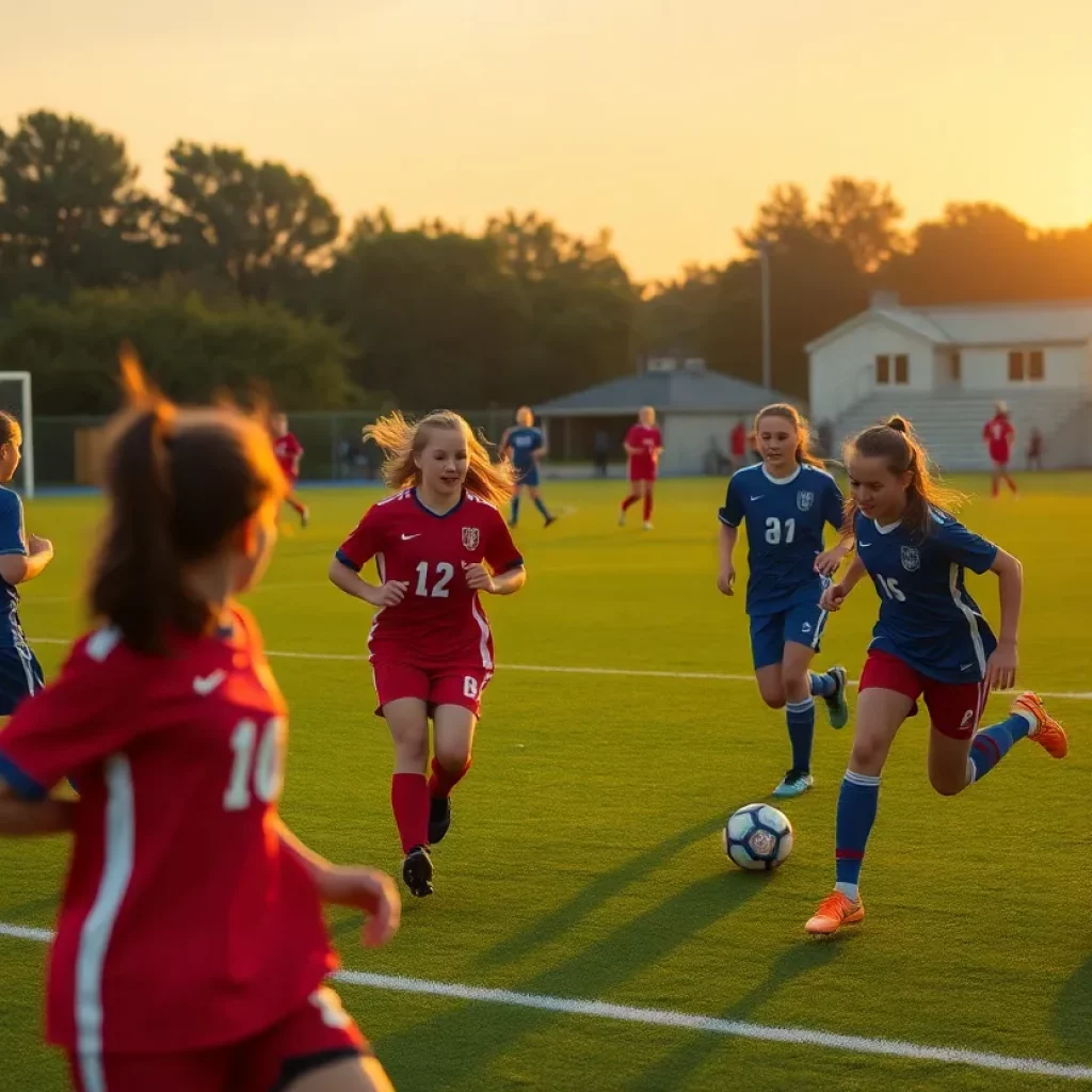 High school soccer players in action during the season kickoff in Indiana.