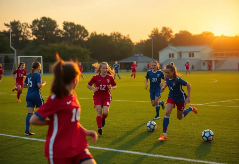 High school soccer players in action during the season kickoff in Indiana.