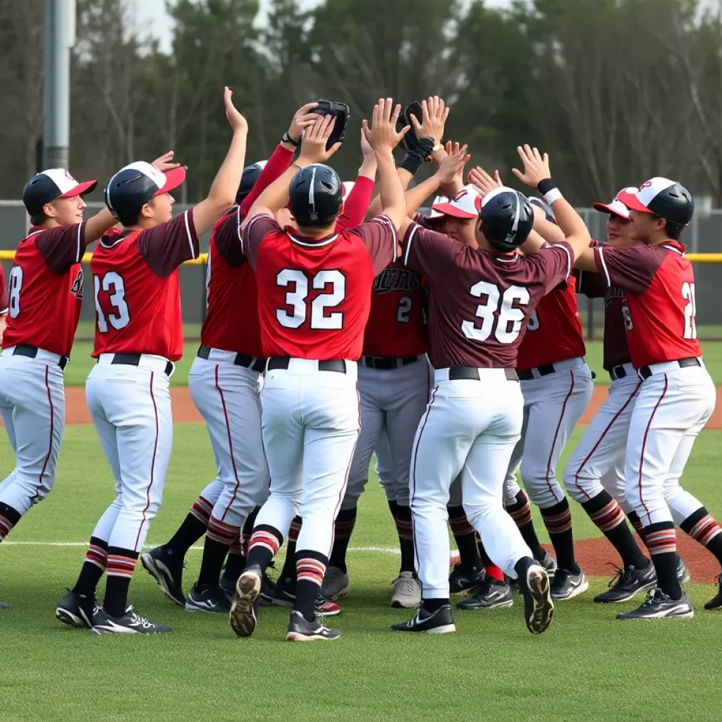 High school baseball players celebrating after a game