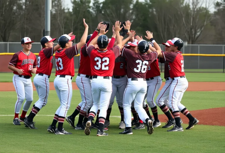 Players celebrating during high school baseball game in Iowa