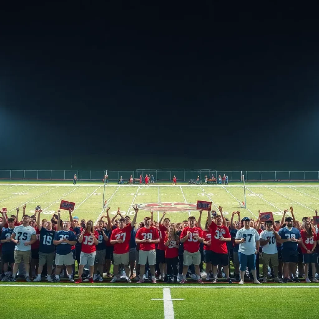 Fans cheering in a football stadium during high school football season
