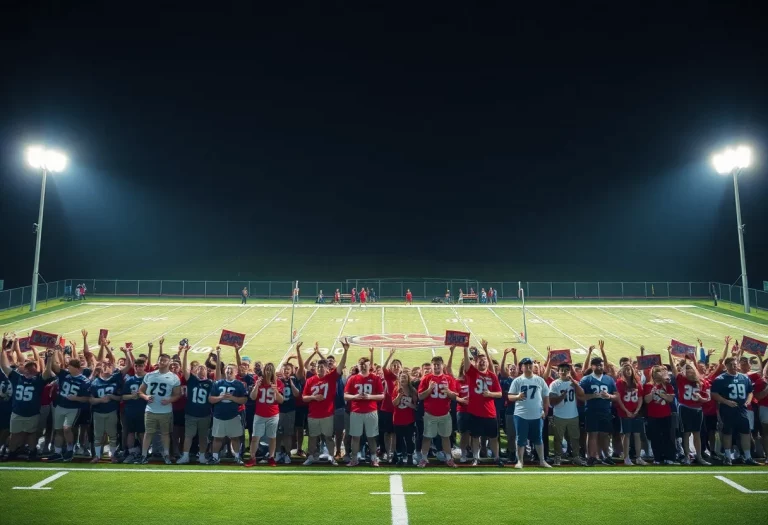Fans cheering in a football stadium during high school football season