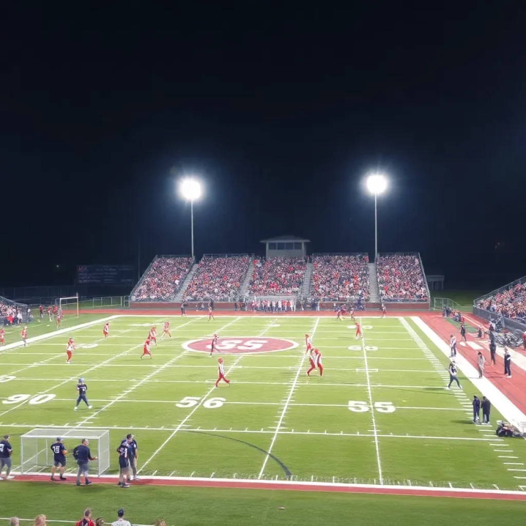 A high school football game in Iowa under bright stadium lights with players and cheering fans.