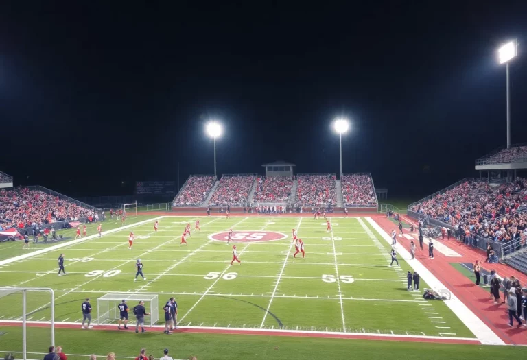 A high school football game in Iowa under bright stadium lights with players and cheering fans.