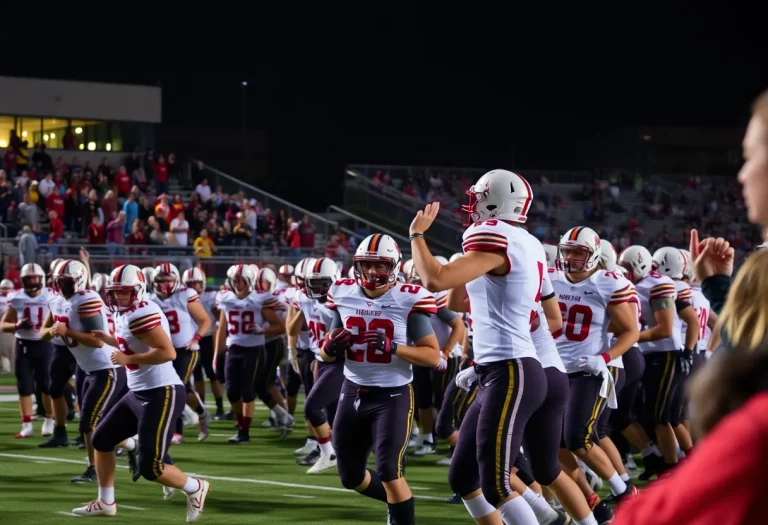 Players in action during Iowa high school football games under the lights.