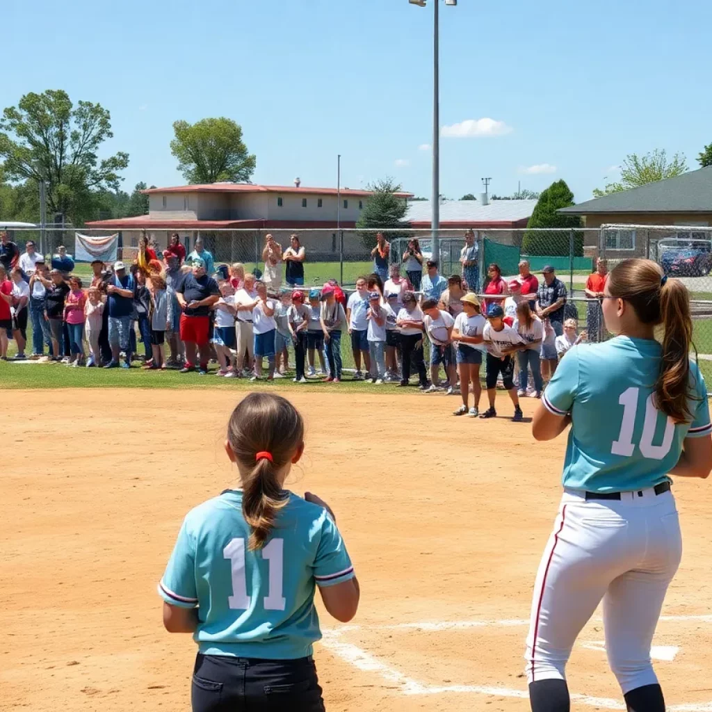 A softball game in progress at the Iowa High School State Softball Tournament in Fort Dodge.