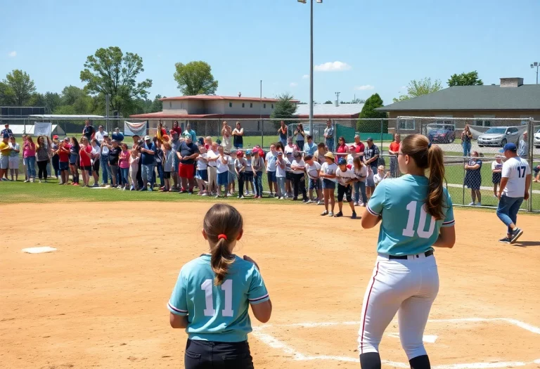A softball game in progress at the Iowa High School State Softball Tournament in Fort Dodge.
