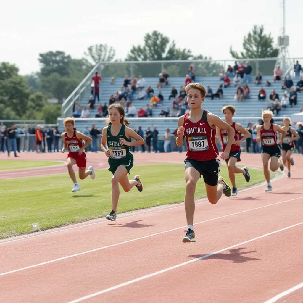 High school athlete racing on a track during a competition.