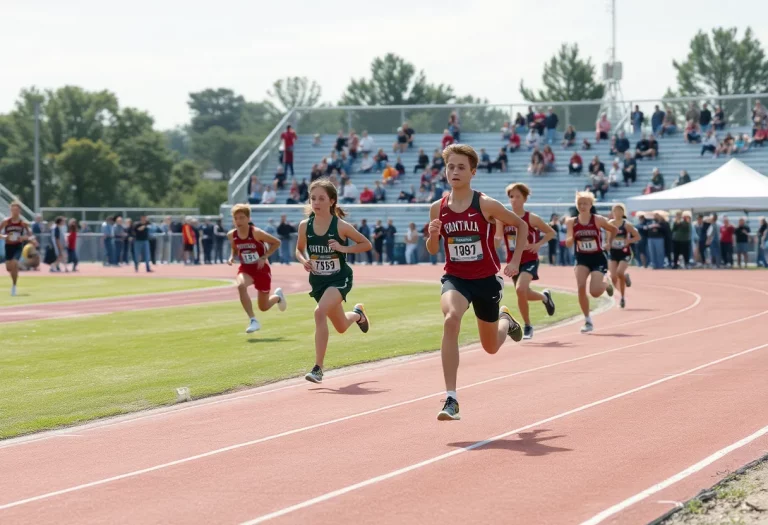 High school athlete racing on a track during a competition.
