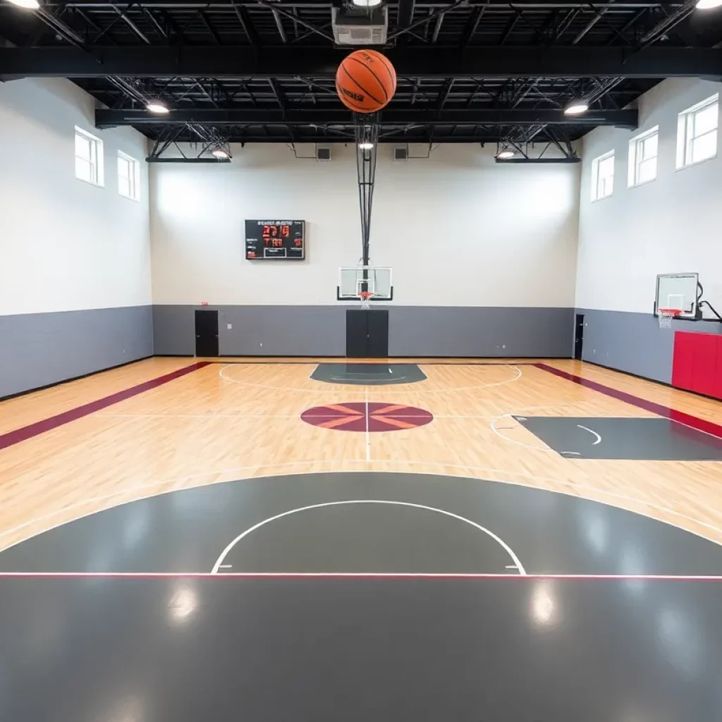 Interior view of Iowa United Basketball Prep School facility showcasing modern basketball courts and training areas.
