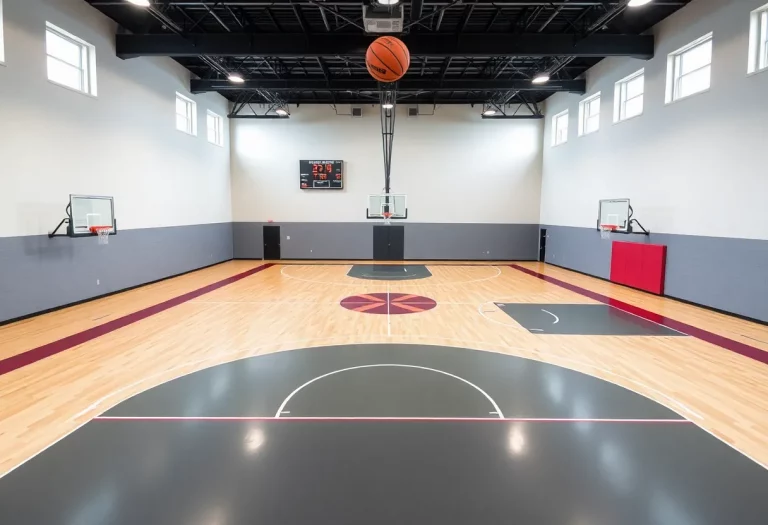 Interior view of Iowa United Basketball Prep School facility showcasing modern basketball courts and training areas.