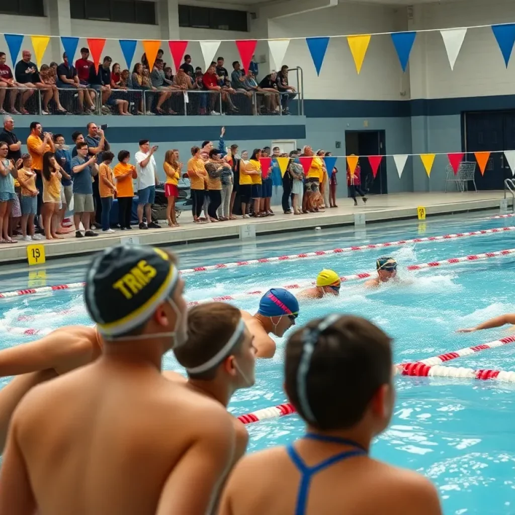 Swimmers and fans at a high school swimming event in Jacksonville
